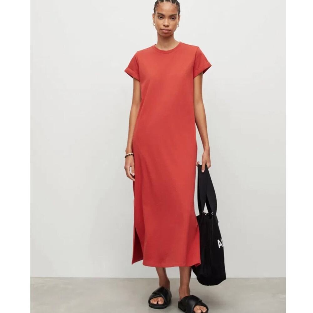All Saints Anna Crewneck T Shirt Maxi Dress Long Paprika Womens Size US10 UK14